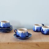 Service of 4 blue ceramic cups and saucers from the 1950s