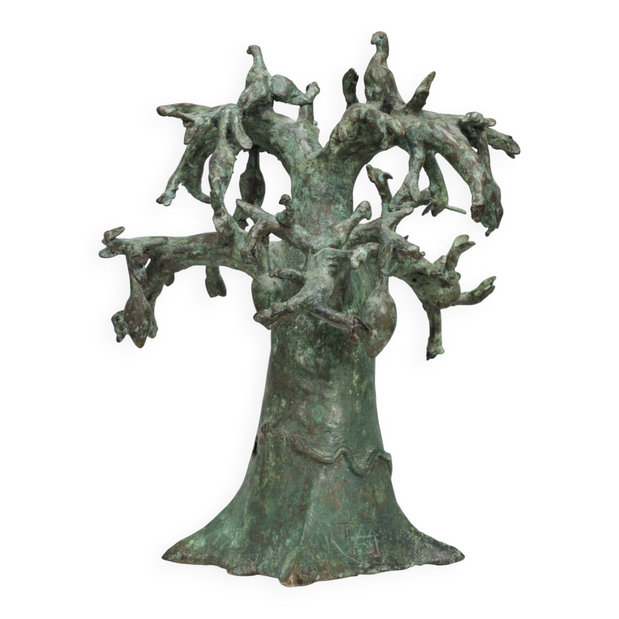 Patinated bronze baobab tree sculpture with birds, signed TM, 1980s