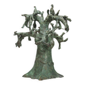 Patinated bronze baobab tree sculpture with birds, signed TM, 1980s