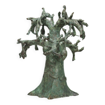 Patinated bronze baobab tree sculpture with birds, signed TM, 1980s