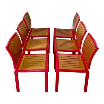 Lot 6 anciennes chaises design Dieticker Bruno Rey bois fuchsia vintage années 70