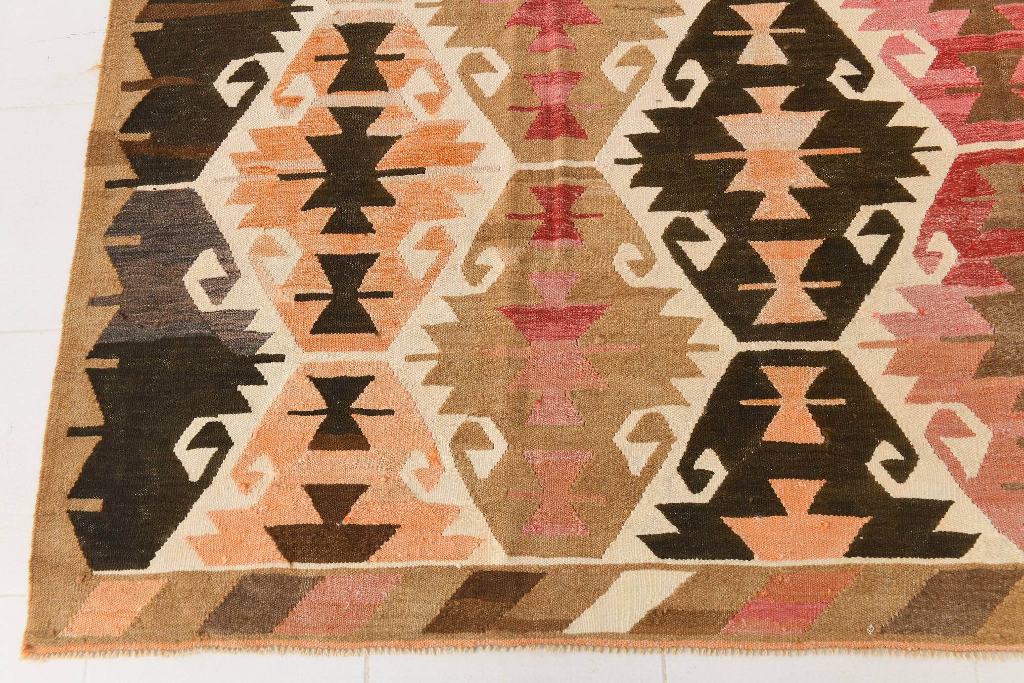 Grand tapis kilim turc vintage, décor bohème multicolore, 289x381 cm