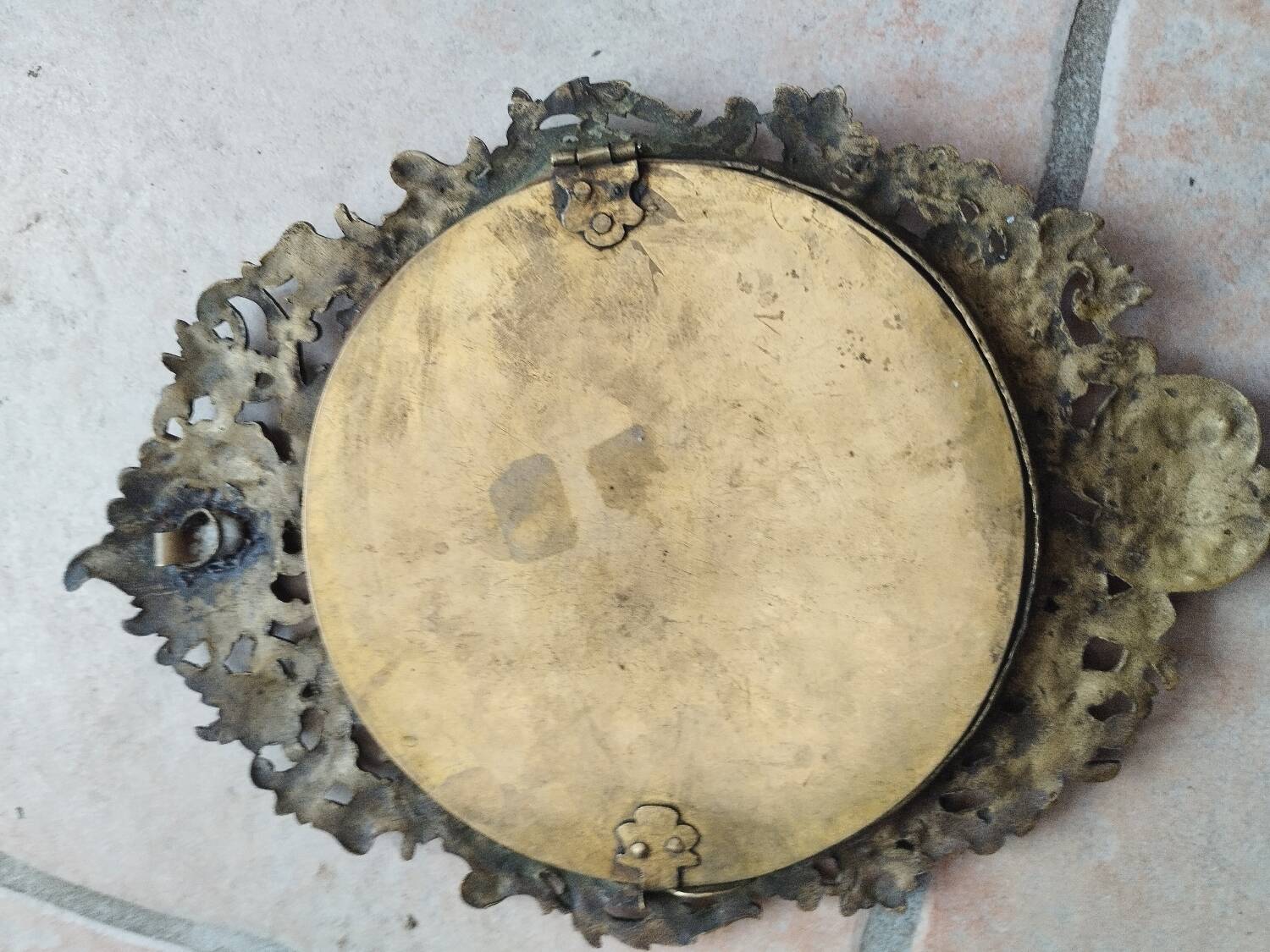 Pair of antique witch mirrors, curved glass, bronze frame
