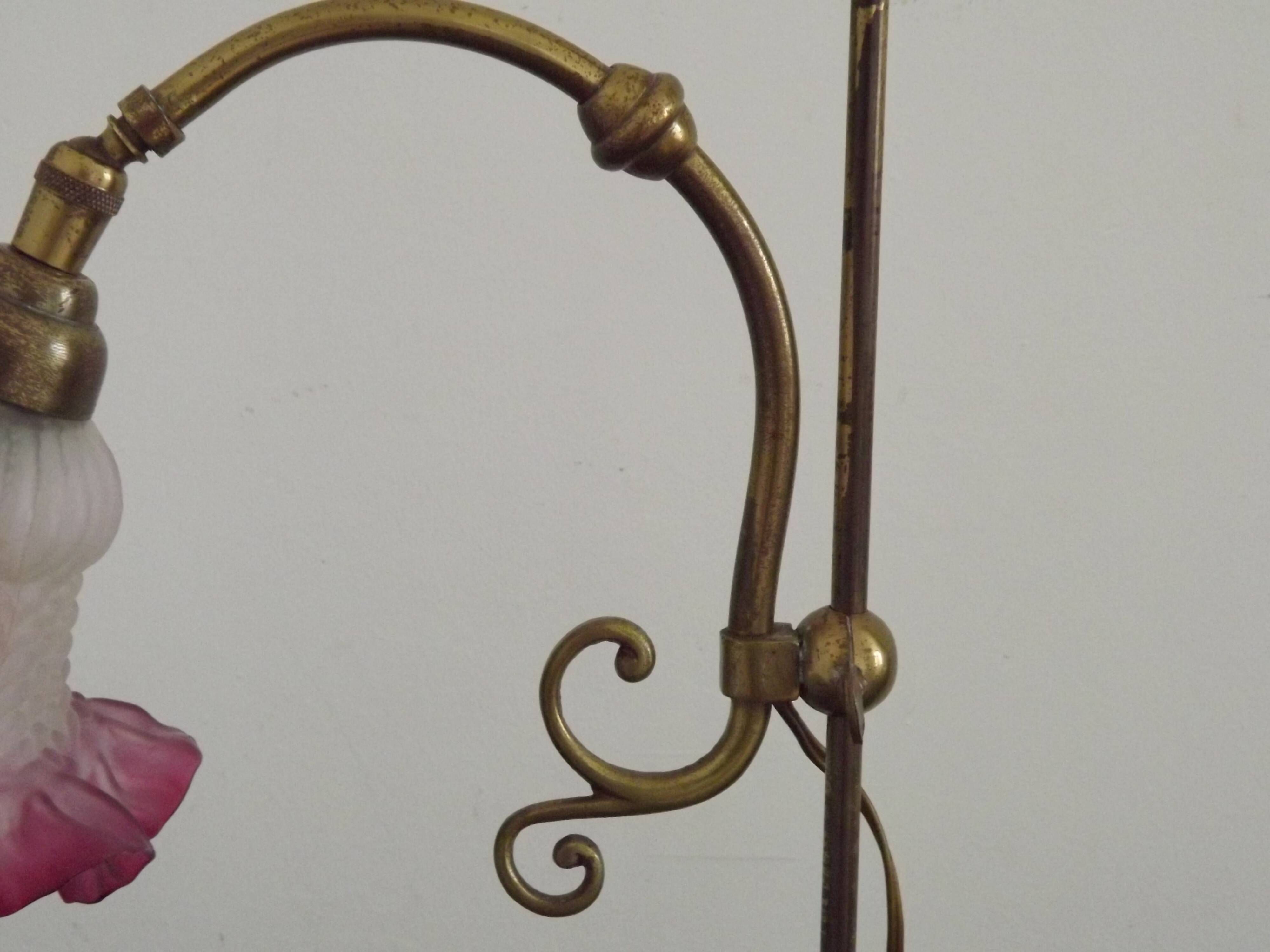 French Antique Brass Anglepoise Table Lamp Patterned Glass Pink Edged Shade 5131