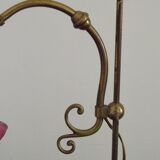 French Antique Brass Anglepoise Table Lamp Patterned Glass Pink Edged Shade 5131