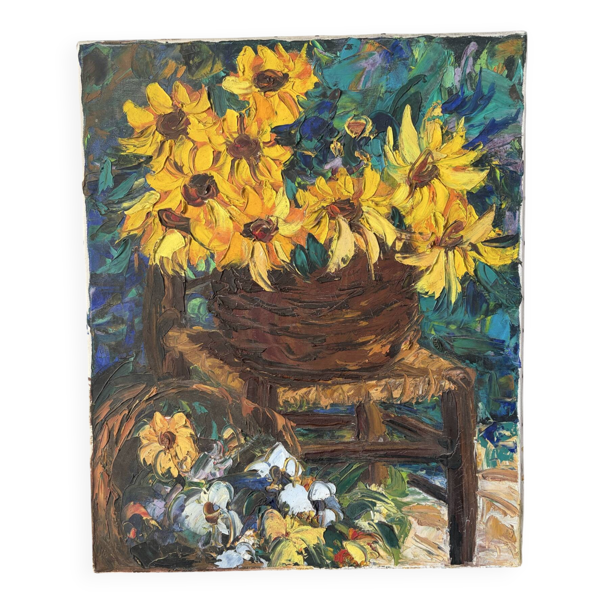 Basket of sunflowers, knife oil