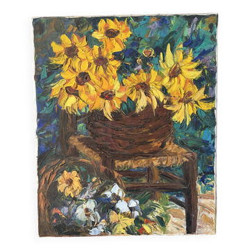 Panier de tournesols, huile au couteau