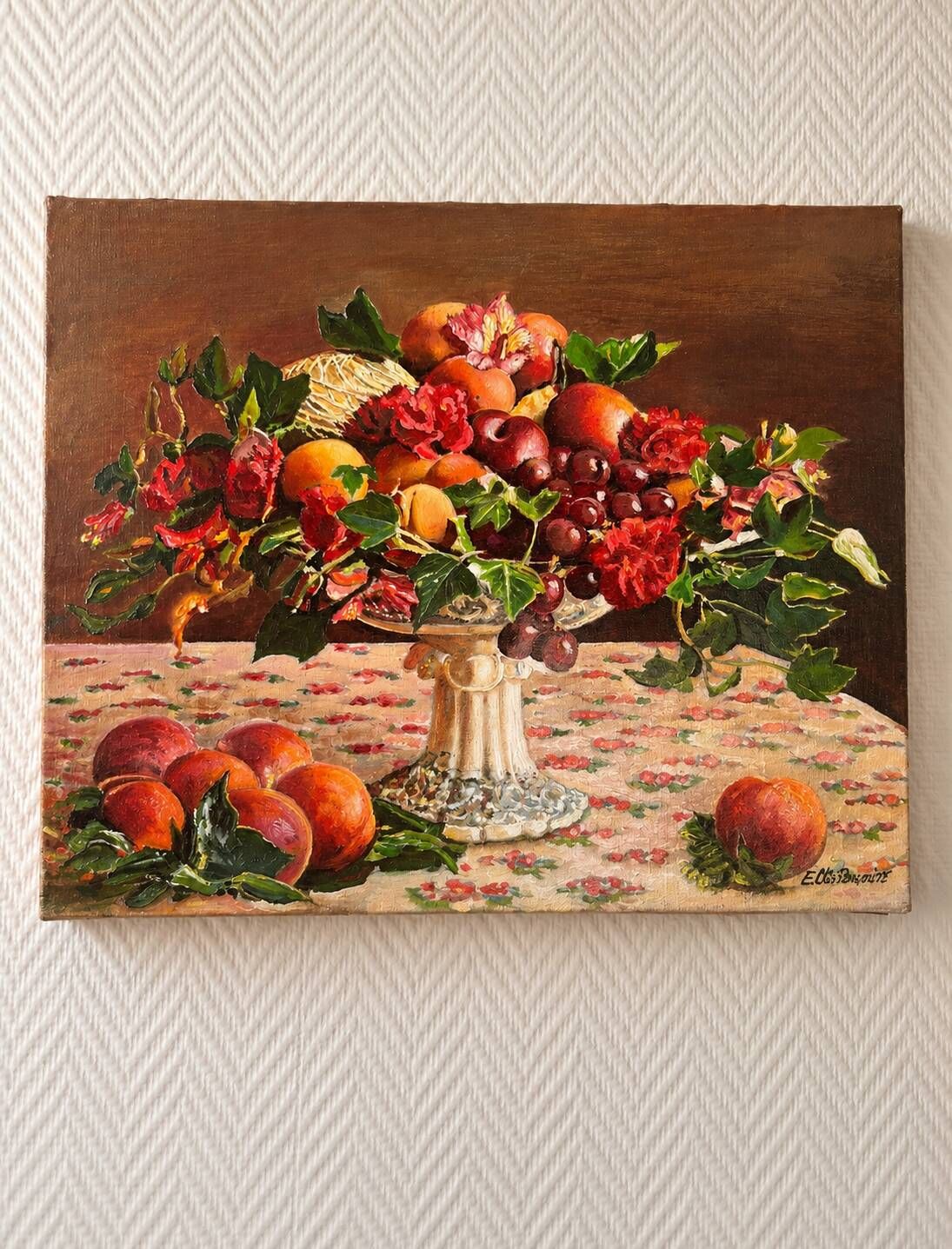 Still life with fruits and flowers – oil painting on canvas from the 20th century, a caress for the eyes.