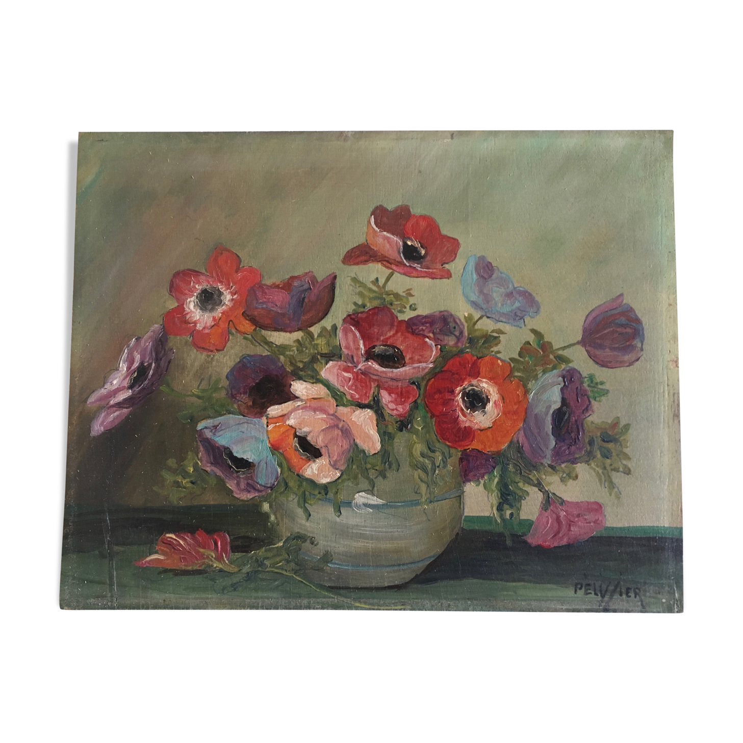 Oil on wood vase of flowers anemones 60s