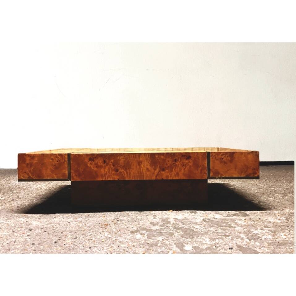 Elm burl coffee table with integrated drawers, Roche Bobois 1970