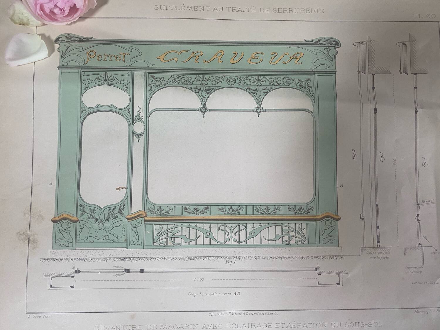 Antique Art Nouveau engraving of a shop front