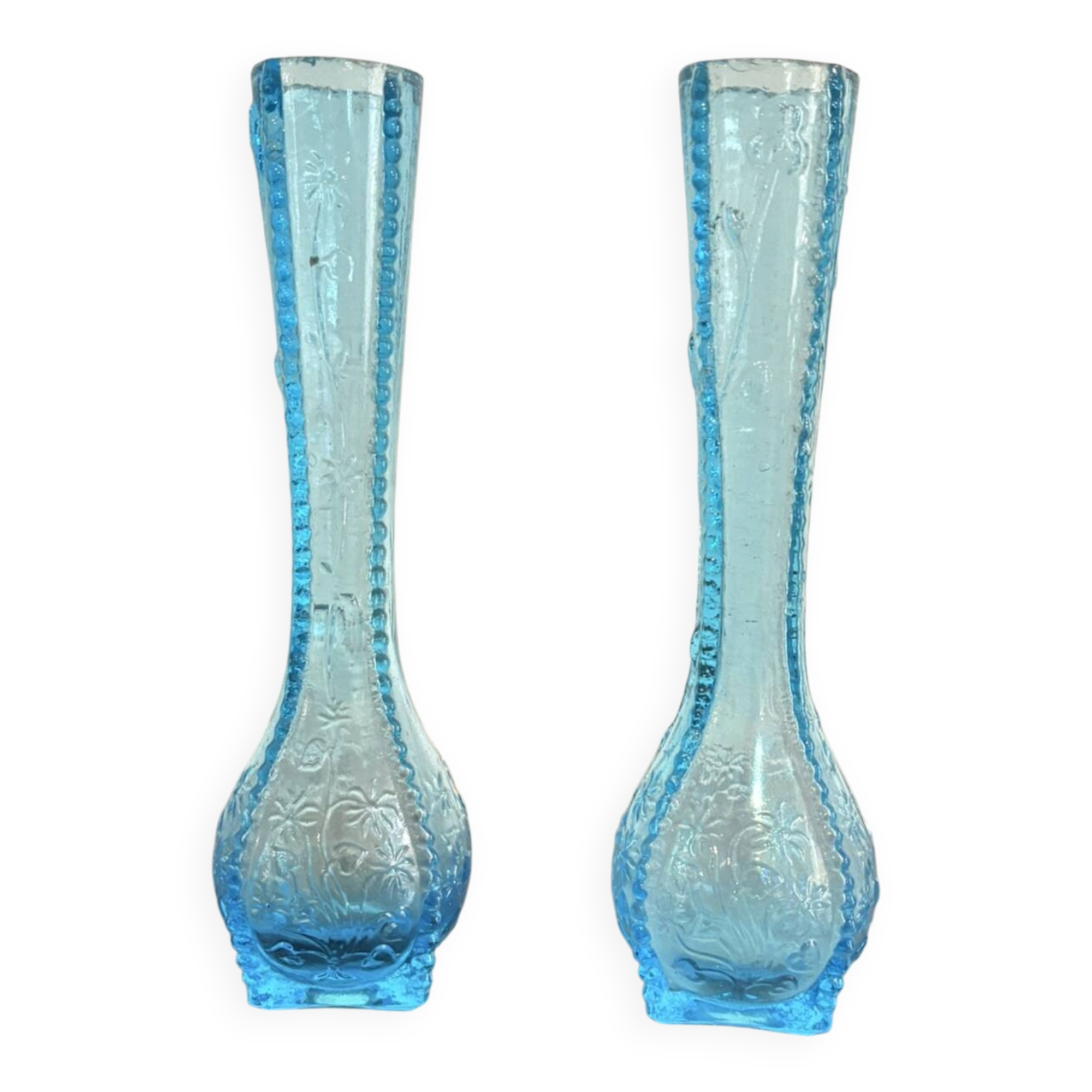 Antique Pair of Soliflore Vases, Pressed Moulded Glass, Blue Opaline Sapphire, 19th Century