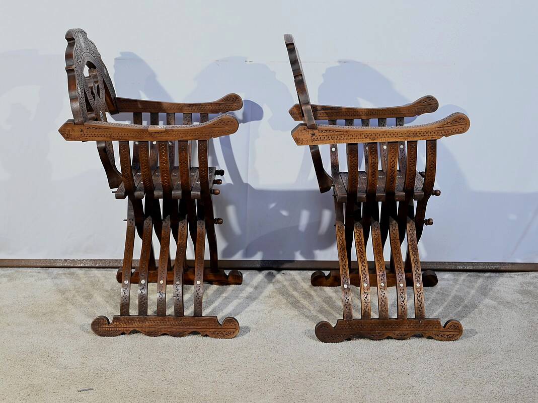 Pair of Savonarola Syrian Walnut Armchairs – Late 19th Century