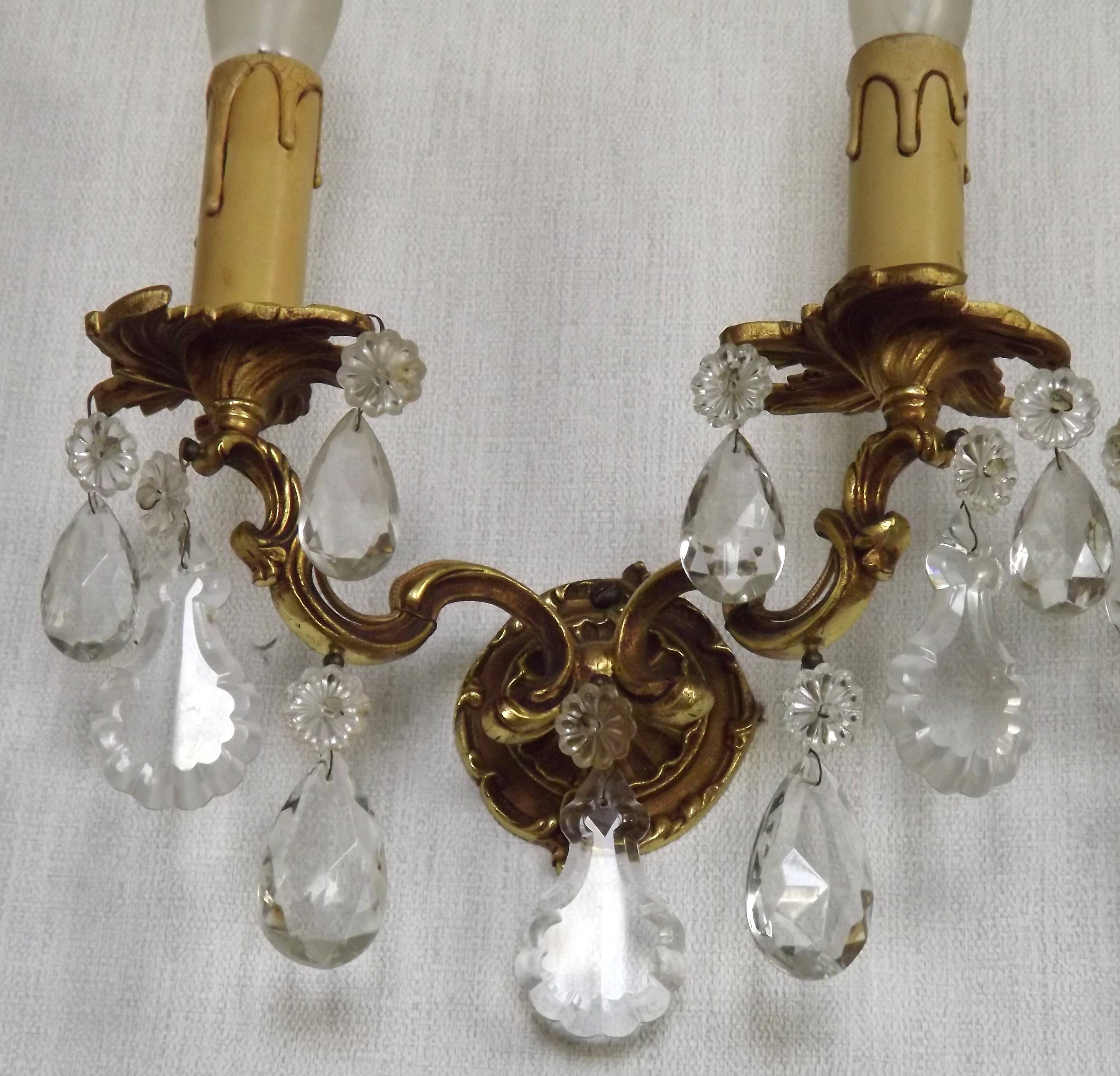 Pair of French Vintage Double Bronze Crystal Wall Lights with Acanthus Detail