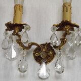 Pair of French Vintage Double Bronze Crystal Wall Lights with Acanthus Detail