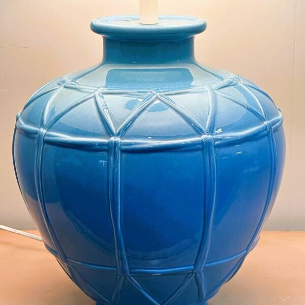 Lampe en céramique française Louis Drimmer – base émaillée bleue, années 1980, France