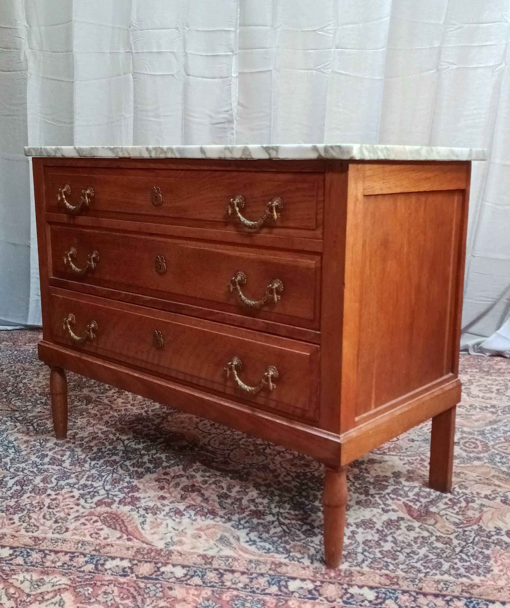 Louis XVI style chest of drawers in oak and marble top