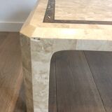 Coffee table made of marble plates with inlay of a brass net. French Work