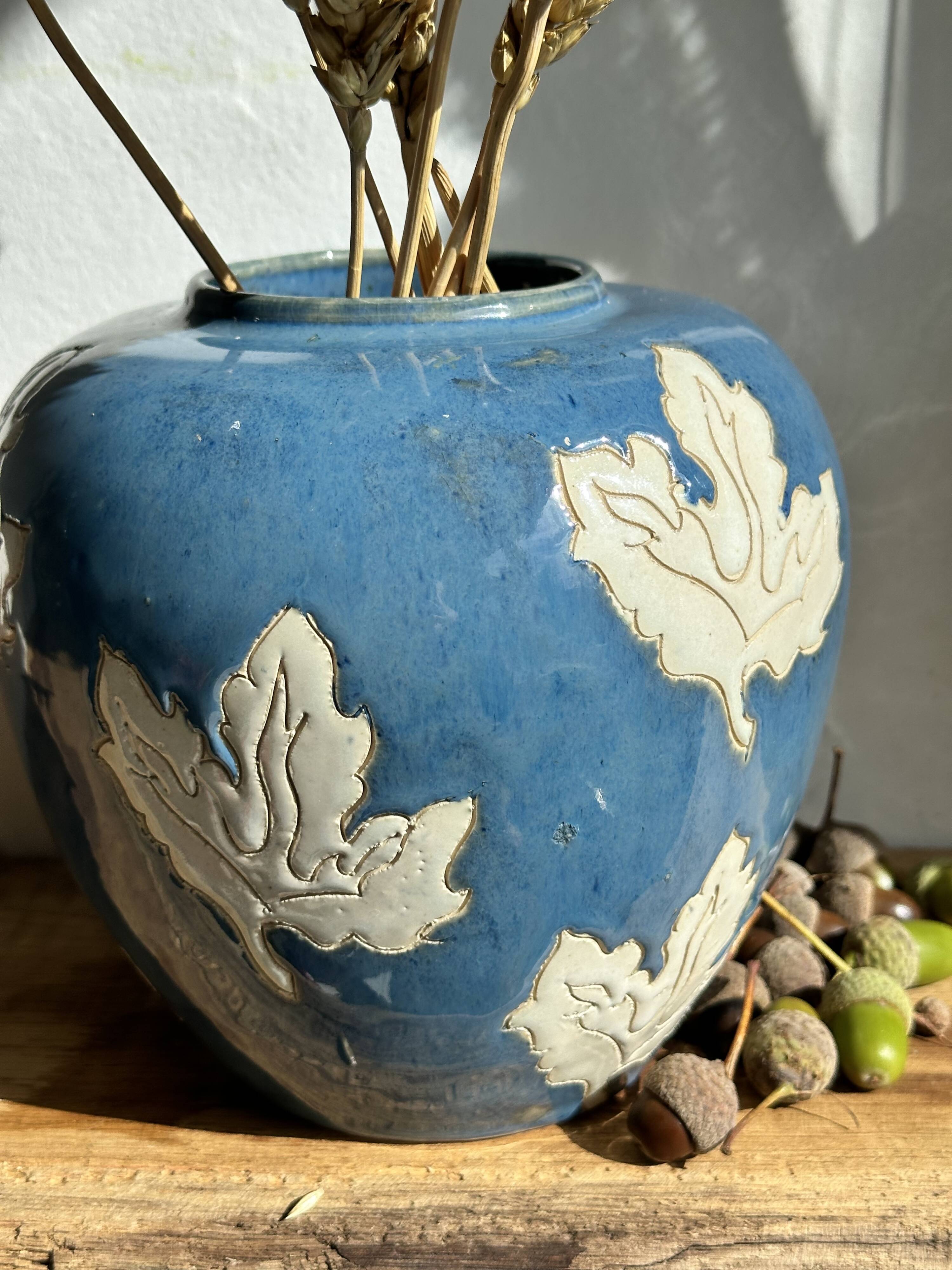 Magnificent Blue Glazed Ceramic Vase with White Plane Tree Leaves Decor