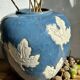 Magnificent Blue Glazed Ceramic Vase with White Plane Tree Leaves Decor