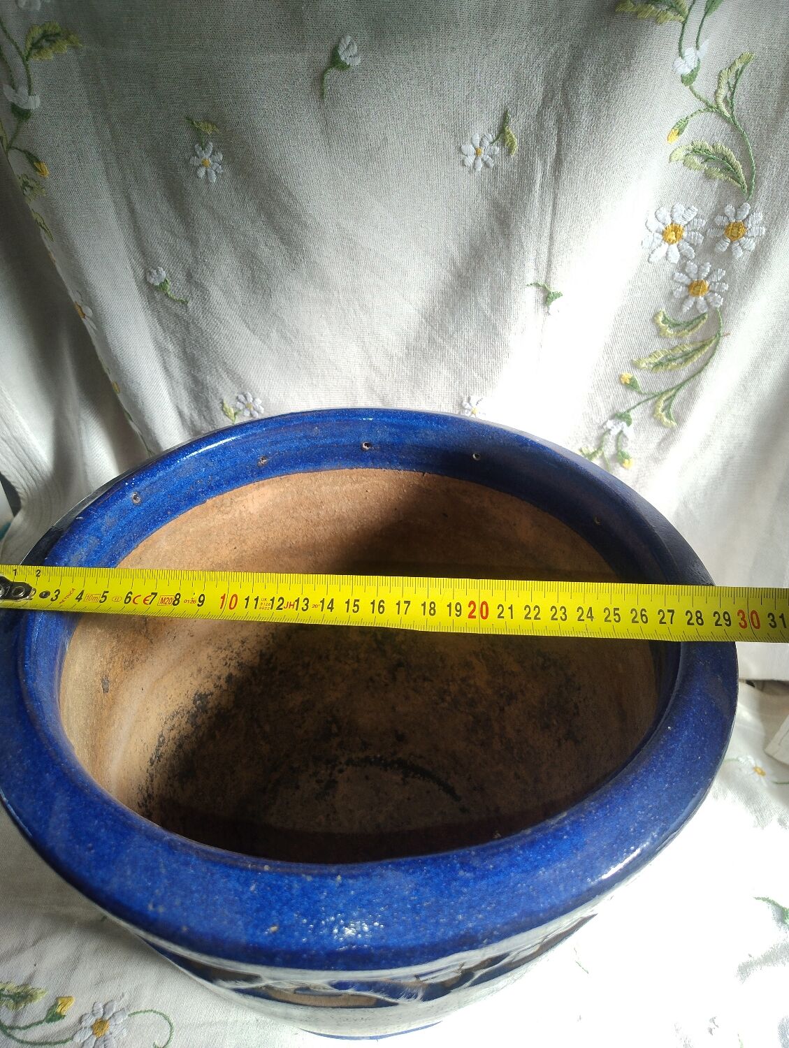 Blue ceramic planter with mosaic frieze