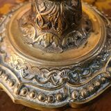 pair of chiselled bronze bedside lamps from 1900, silk shade and trim style