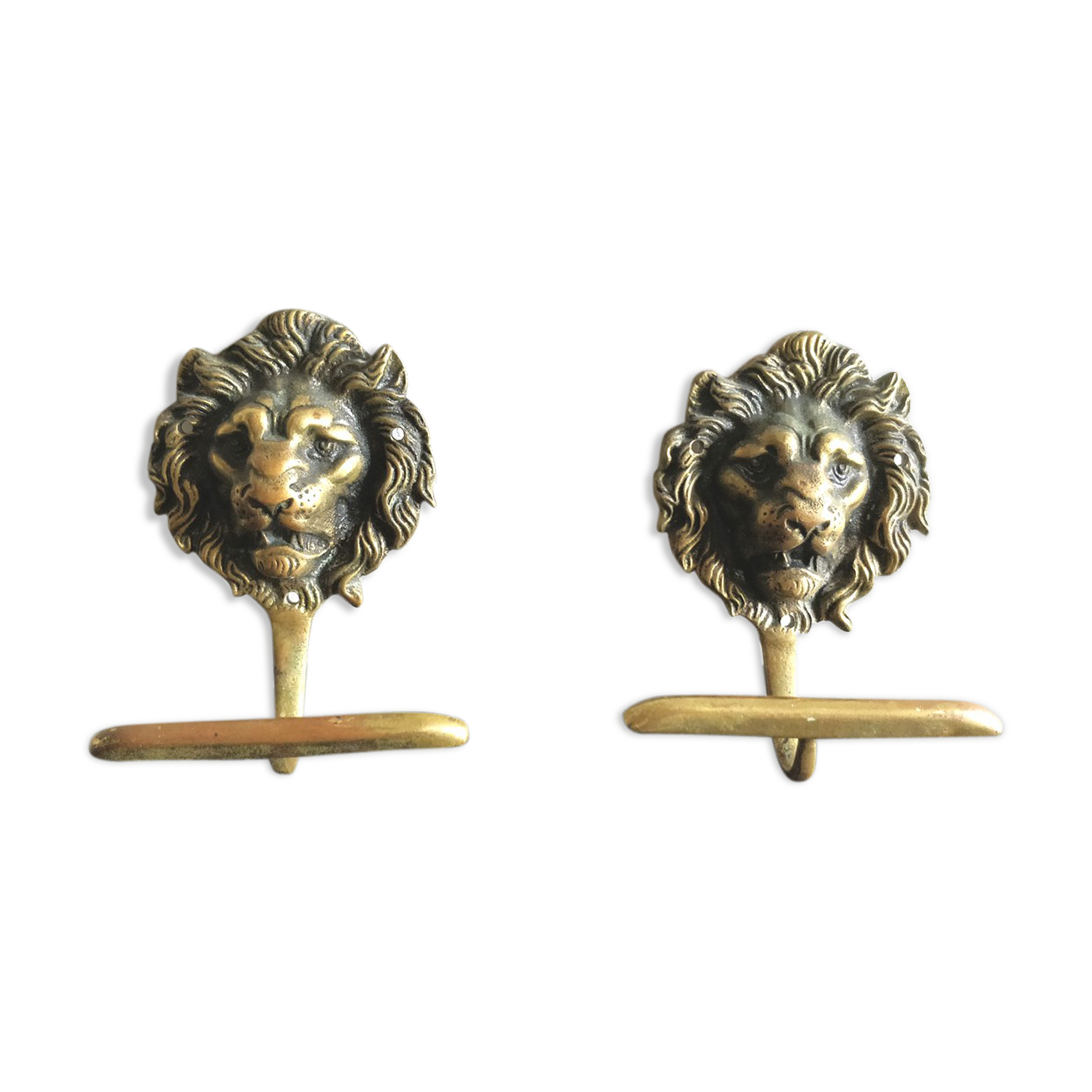 Pair of brass lion head patères