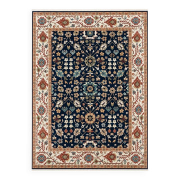 Tapis en laine fait main contemporain, tapis à motif floral bleu marine pour le salon