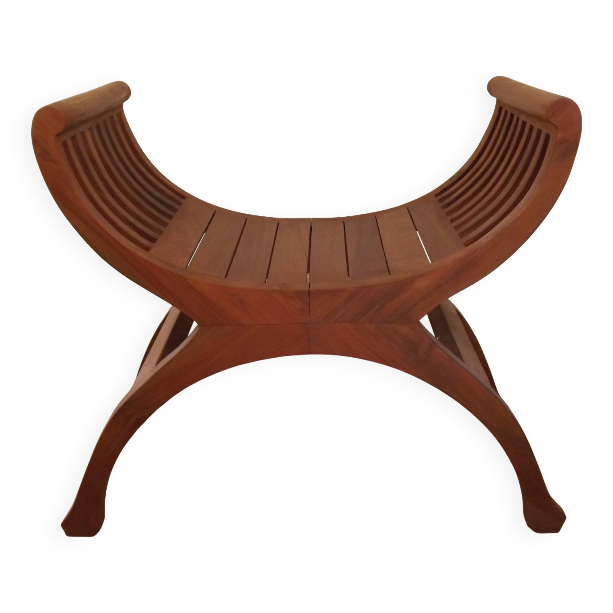 Solid Wood Curule Stool Vintage French Curved Slatted Seat Mid Century