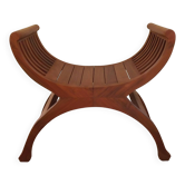 Tabouret Curule en Bois Massif Vintage Français Siège à Lattes Courbées Milieu du Siècle