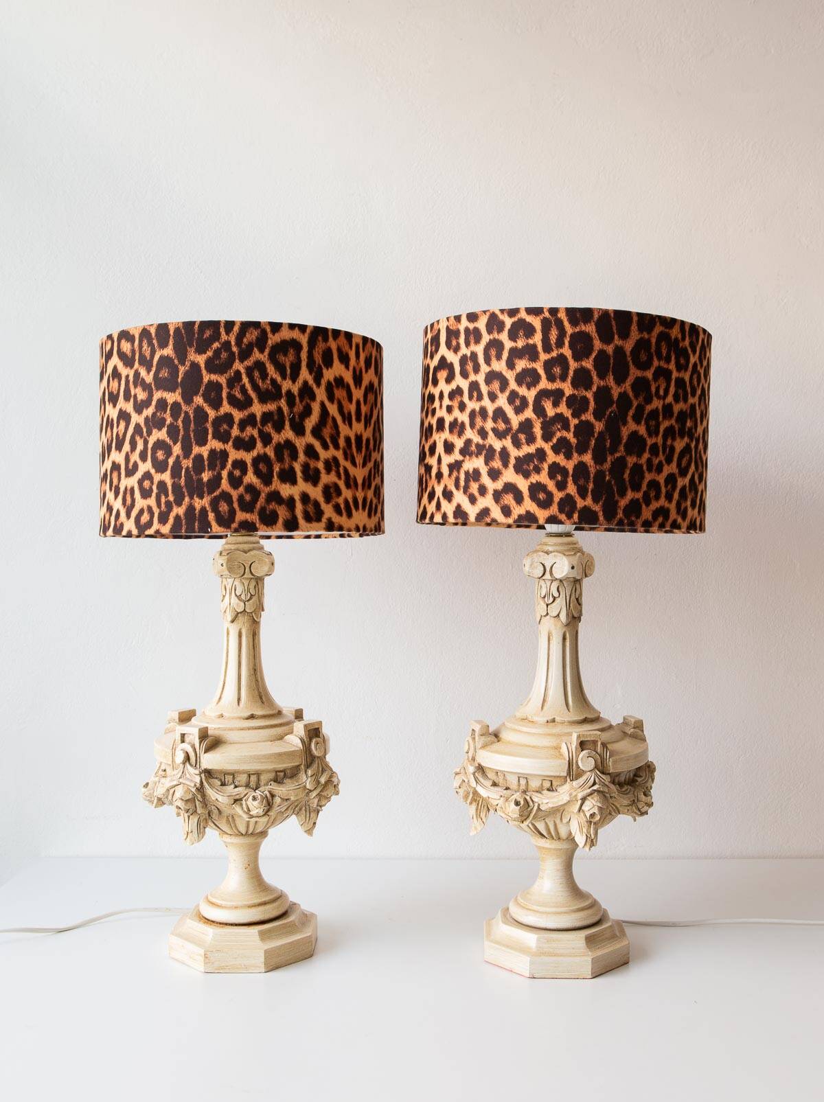Pair of large painted wood table lamps. Spain, circa 1970s