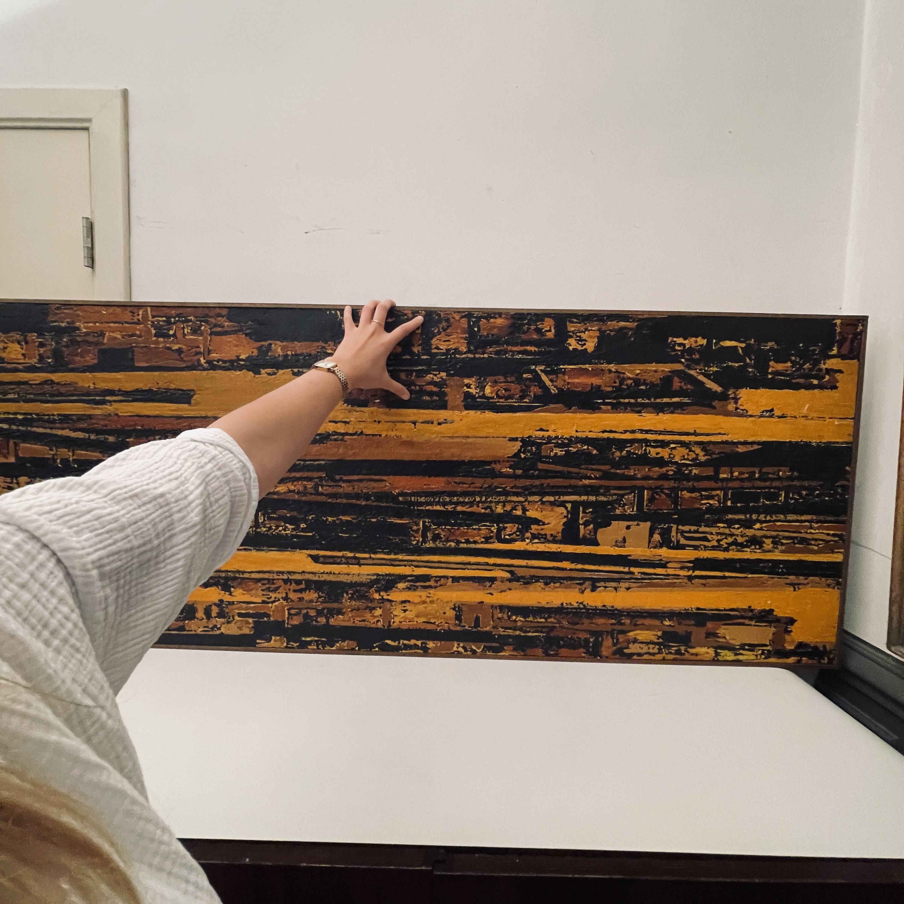 Orange and black abstract painting, oil on panel, Serge Detriaux, 1998