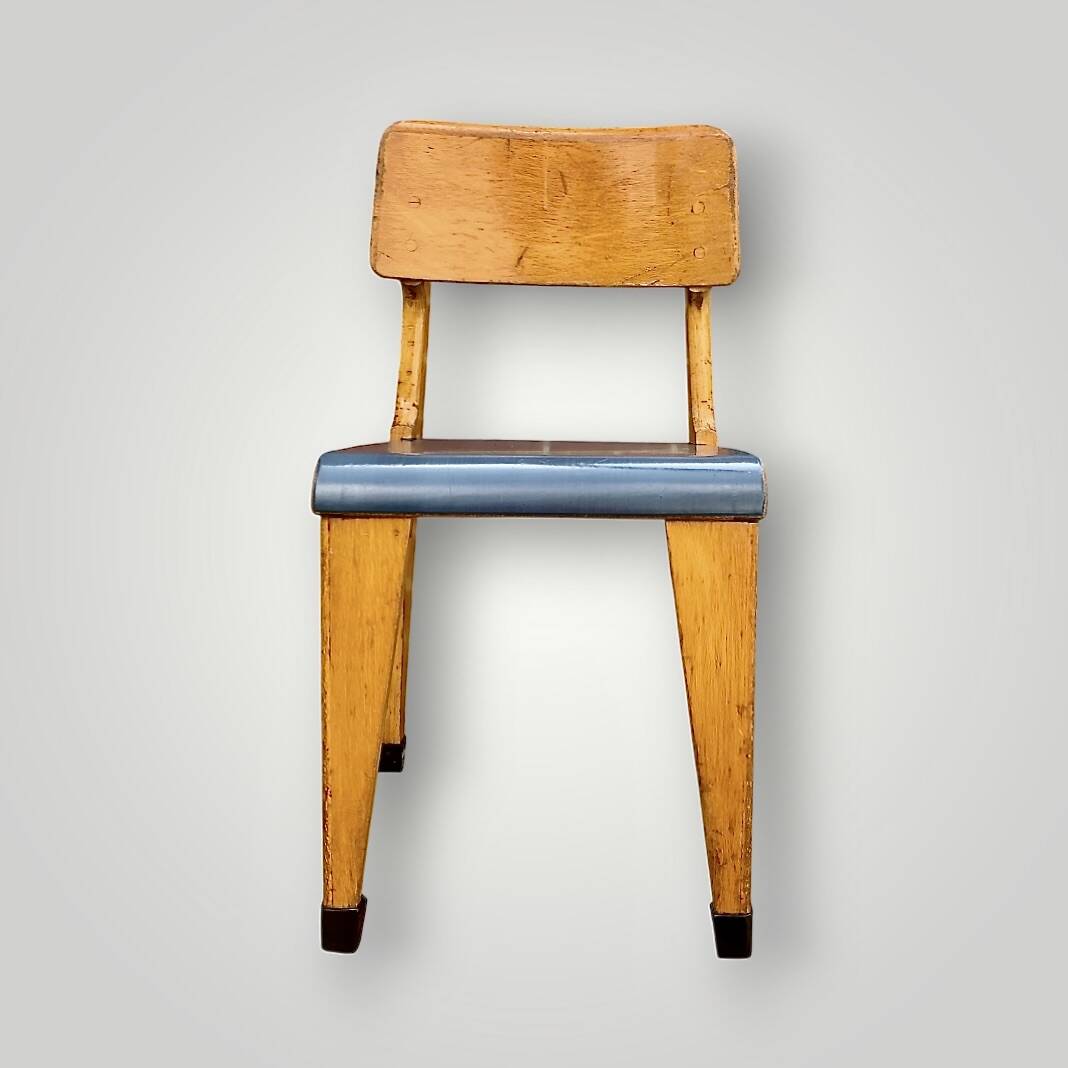 Antique Zabo children's chair (attributed) – varnished wood & blue seat