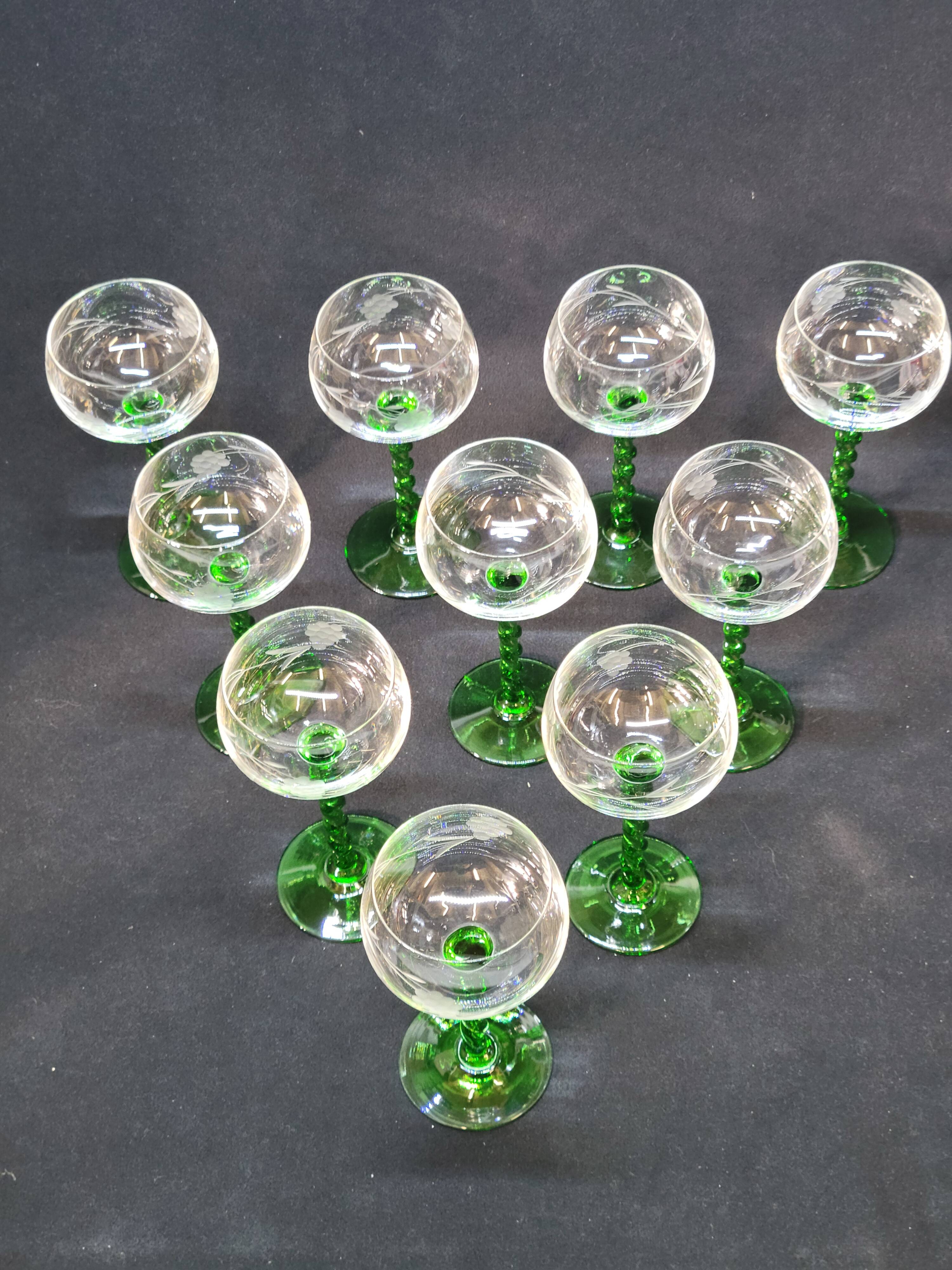 10 alsace white wine glasses in cut crystal with twisted green foot