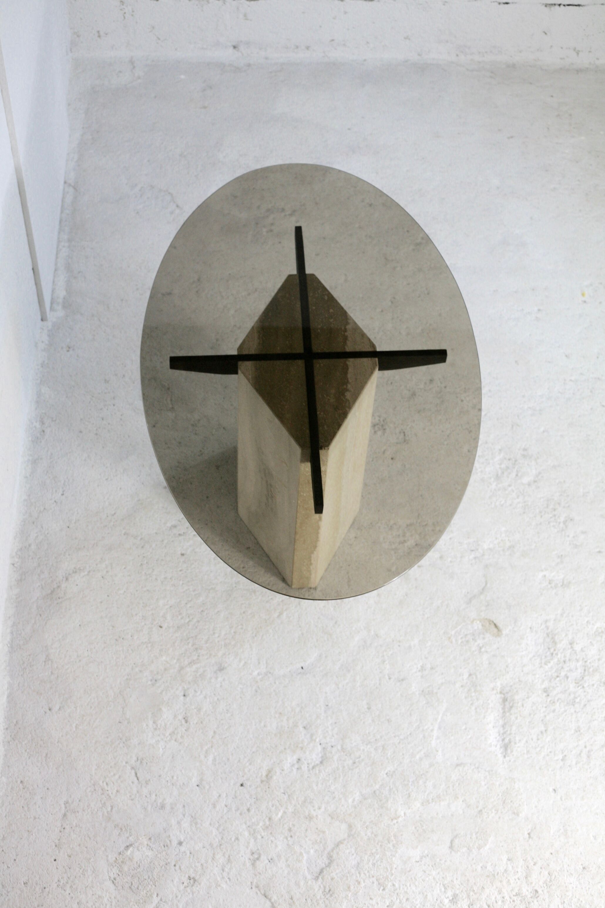 Living table, Comblanchian stone base and elliptical tray in smoked glass, Italy, 1970