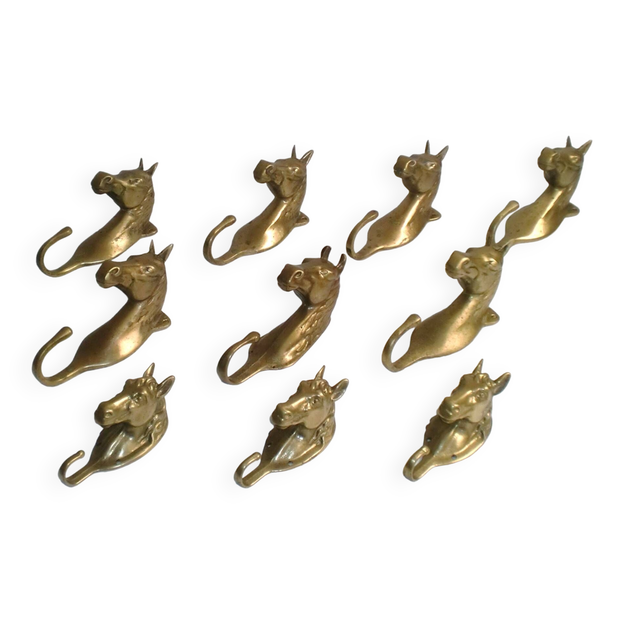 Set of 10 heavy brass horse coat rack wall hooks