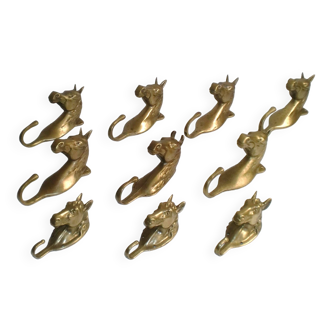 Set of 10 heavy brass horse coat rack wall hooks