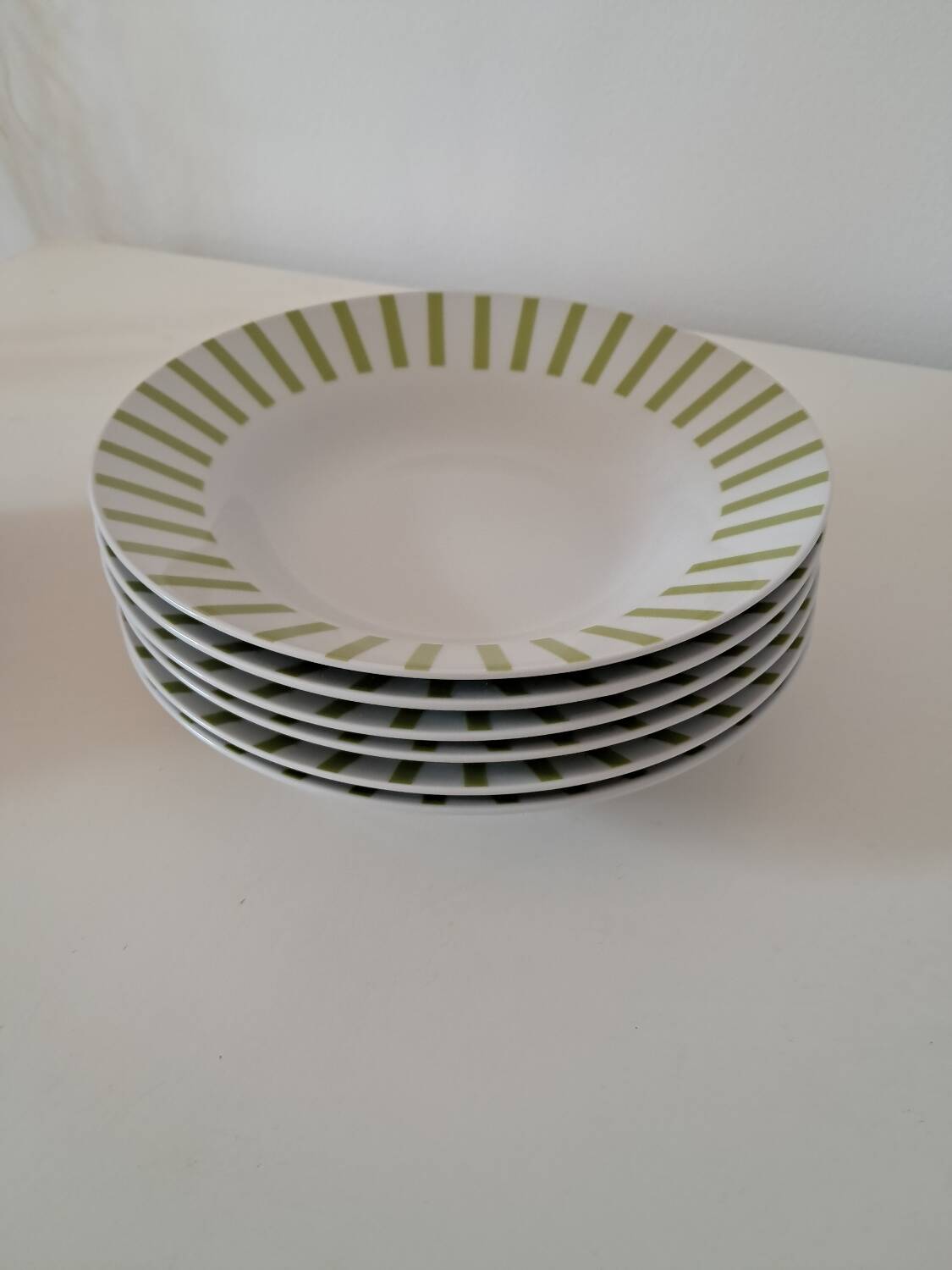 Almond green striped soup plates