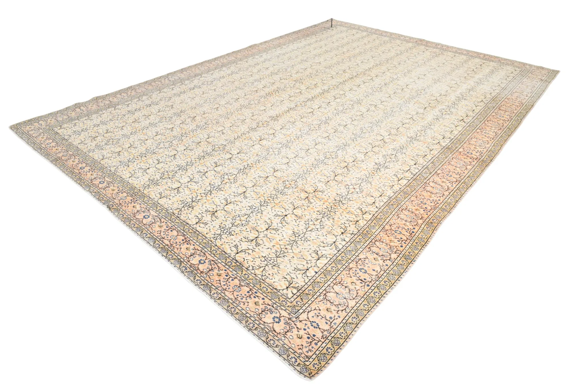 9x13 Vintage Cream Blue Persian Rug, Turkish Handmade Wool Floral Carpet