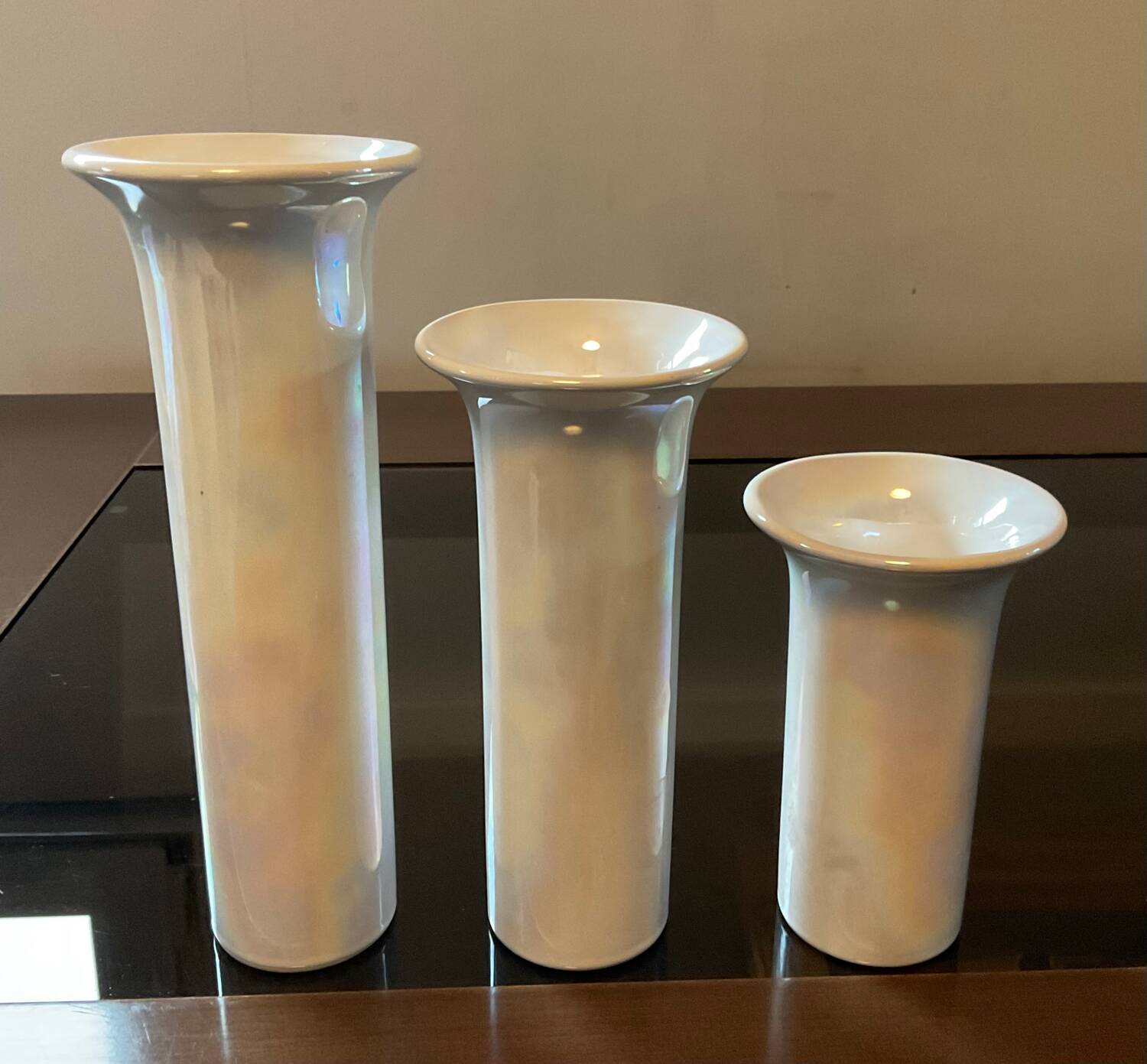 Trio of vintage iridescent ceramic vases
