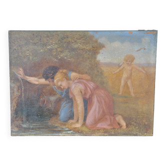 Peinture sur bois "Cupidon et un couple à la fontaine".