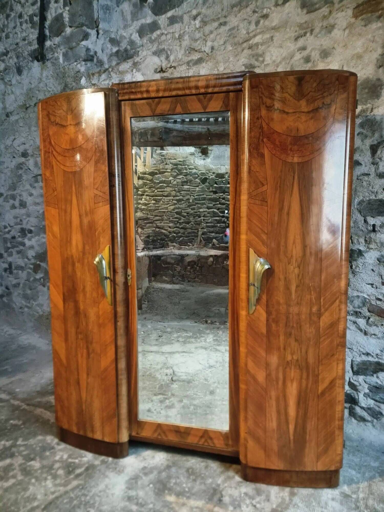 French Art Deco walnut wardrobe with mirror, 1930s