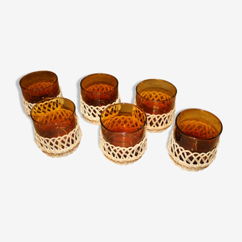 Set of six glasses amber rattan