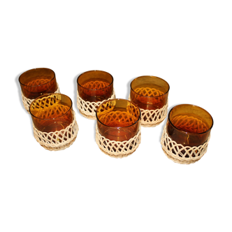 Set of six glasses amber rattan