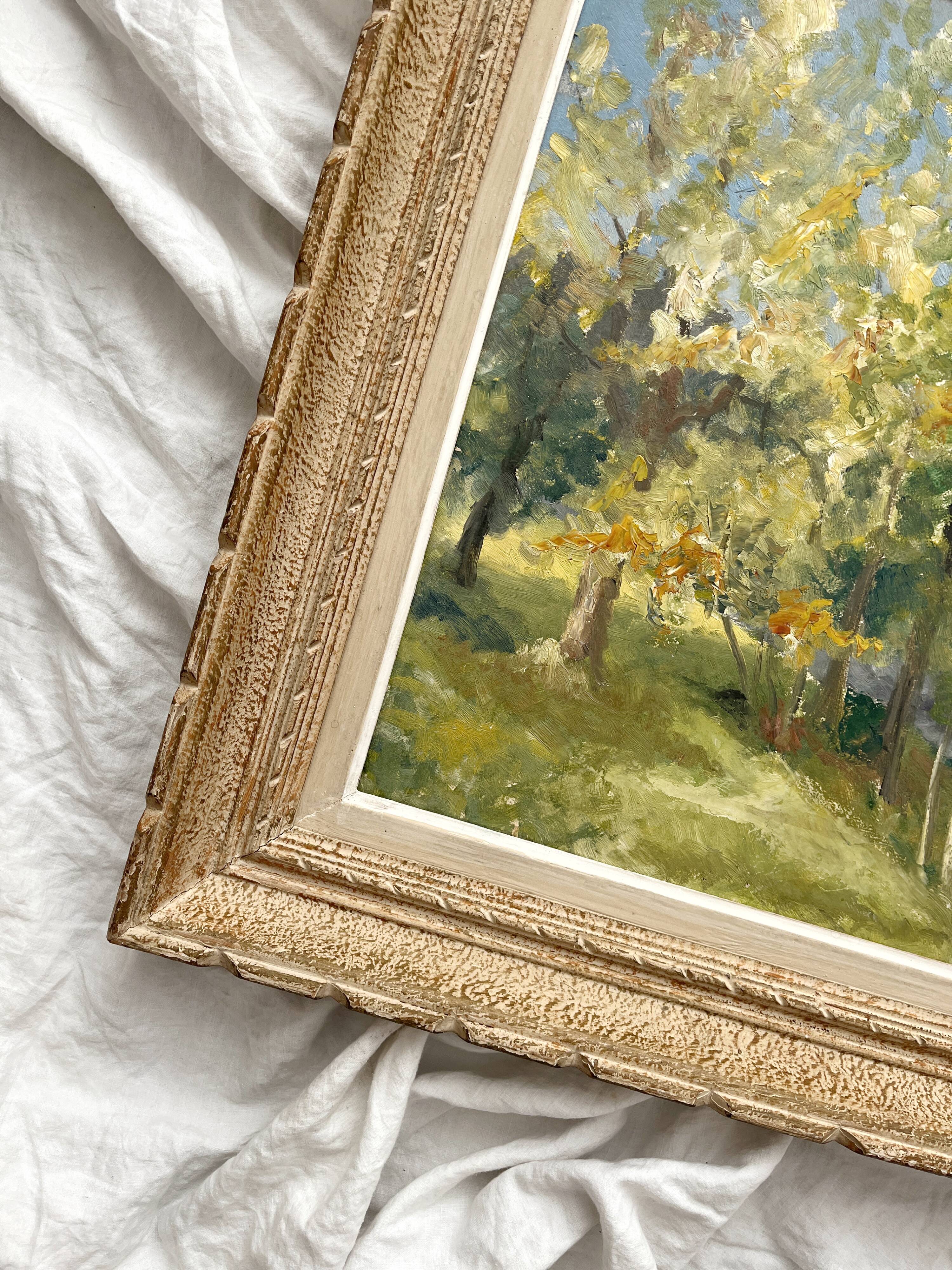 Antique painting, oil on cardboard depicting a landscape