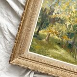 Tableau ancien, peinture à l'huile sur carton évoquant un paysage