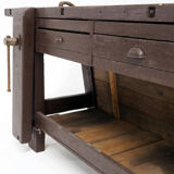 Brown painted workbench with shelf and drawers