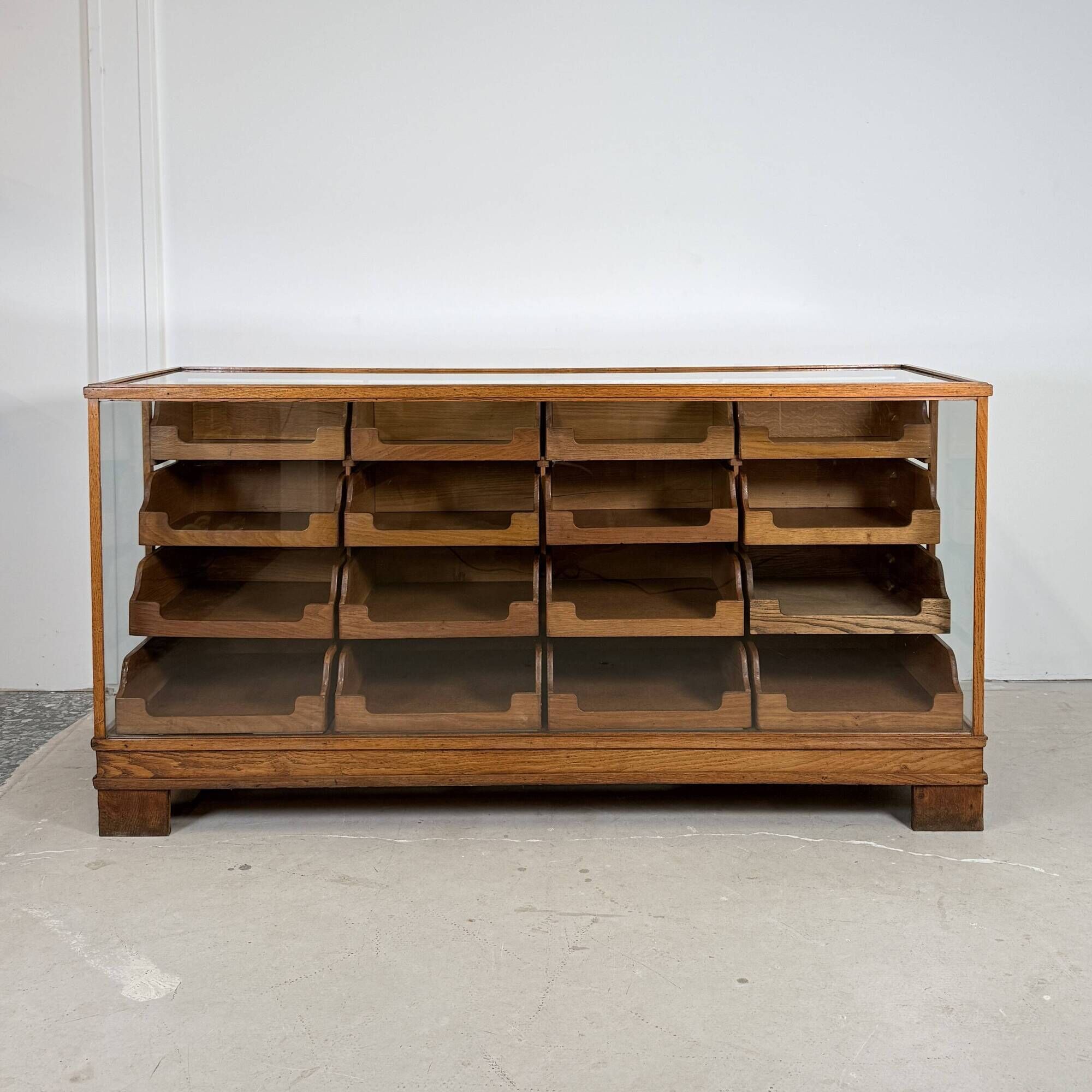 Solid Oak Haberdashery Glass Showcase with 16 Drawers – ca. 1940s