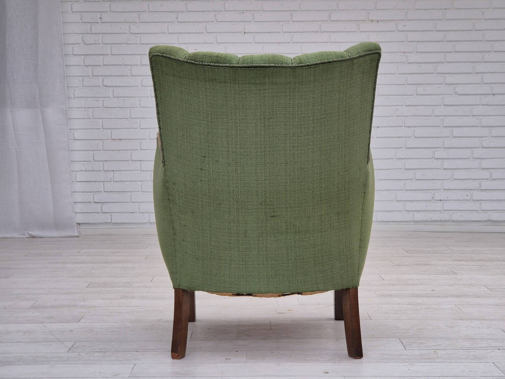 1950s, Danish artdeco armchair, green furniture wool, beech wood, original.