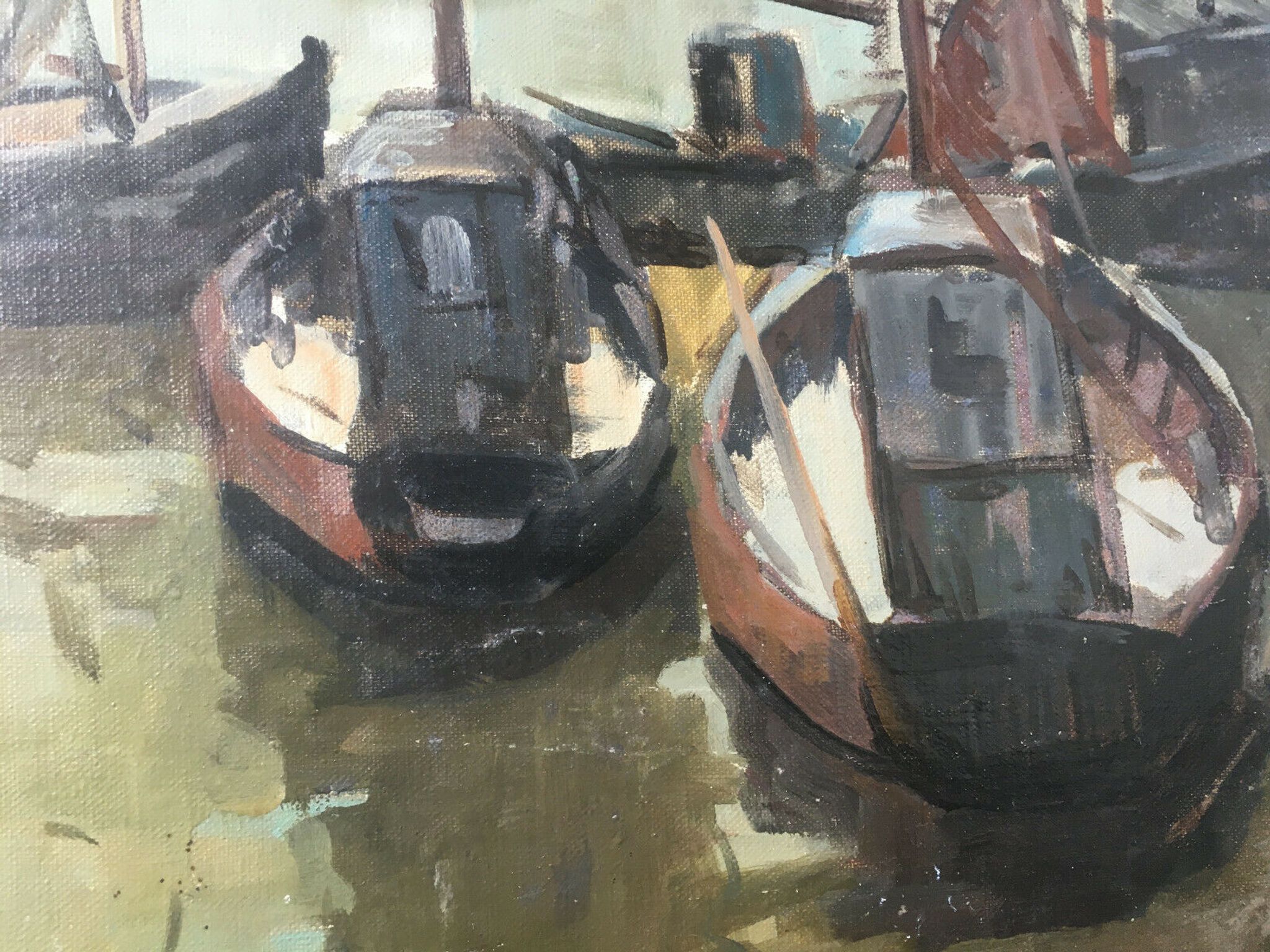 Painting Piet VOLCKAERT (1902-1973) HST Docked boats with urban marine crane